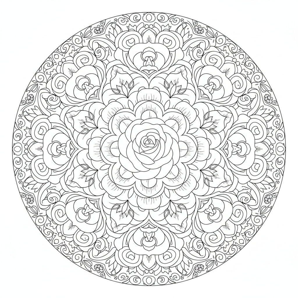 adult featuring symmetrical floral mandala coloring page