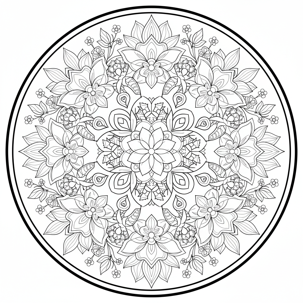 adult featuring symmetrical floral wreath coloring page