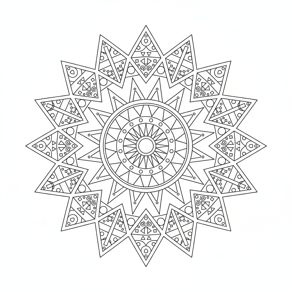 adult featuring symmetrical sunburst mandala coloring page