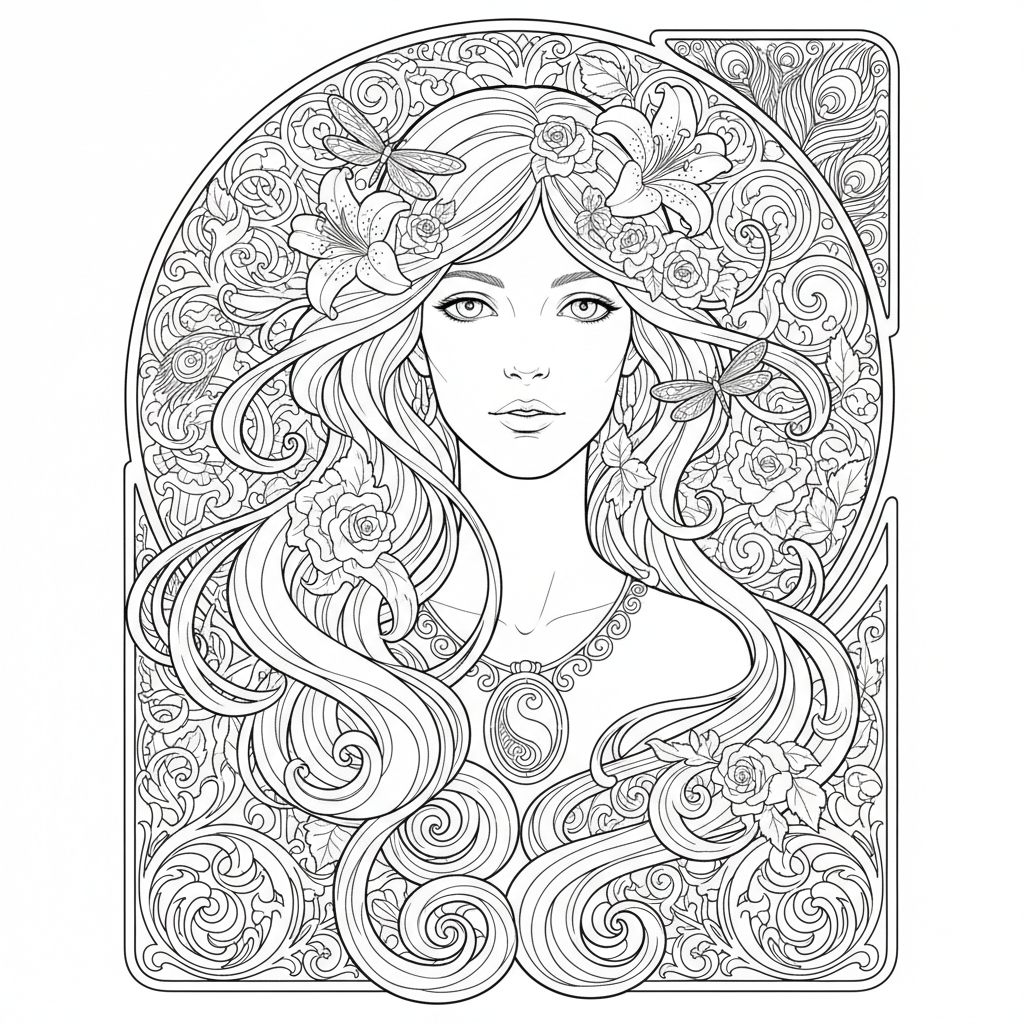 detailed featuring portrait of woman coloring page
