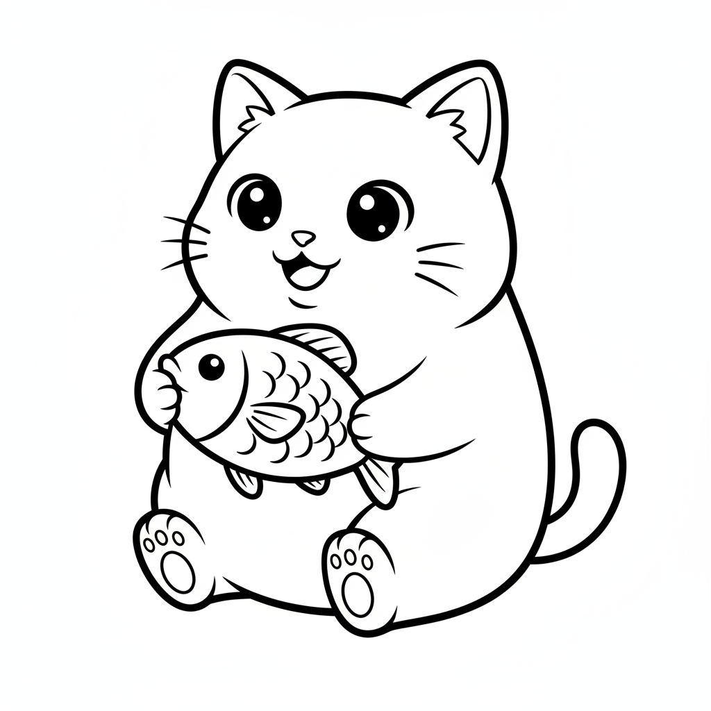 kawaii anime cat sitting holding coloring page