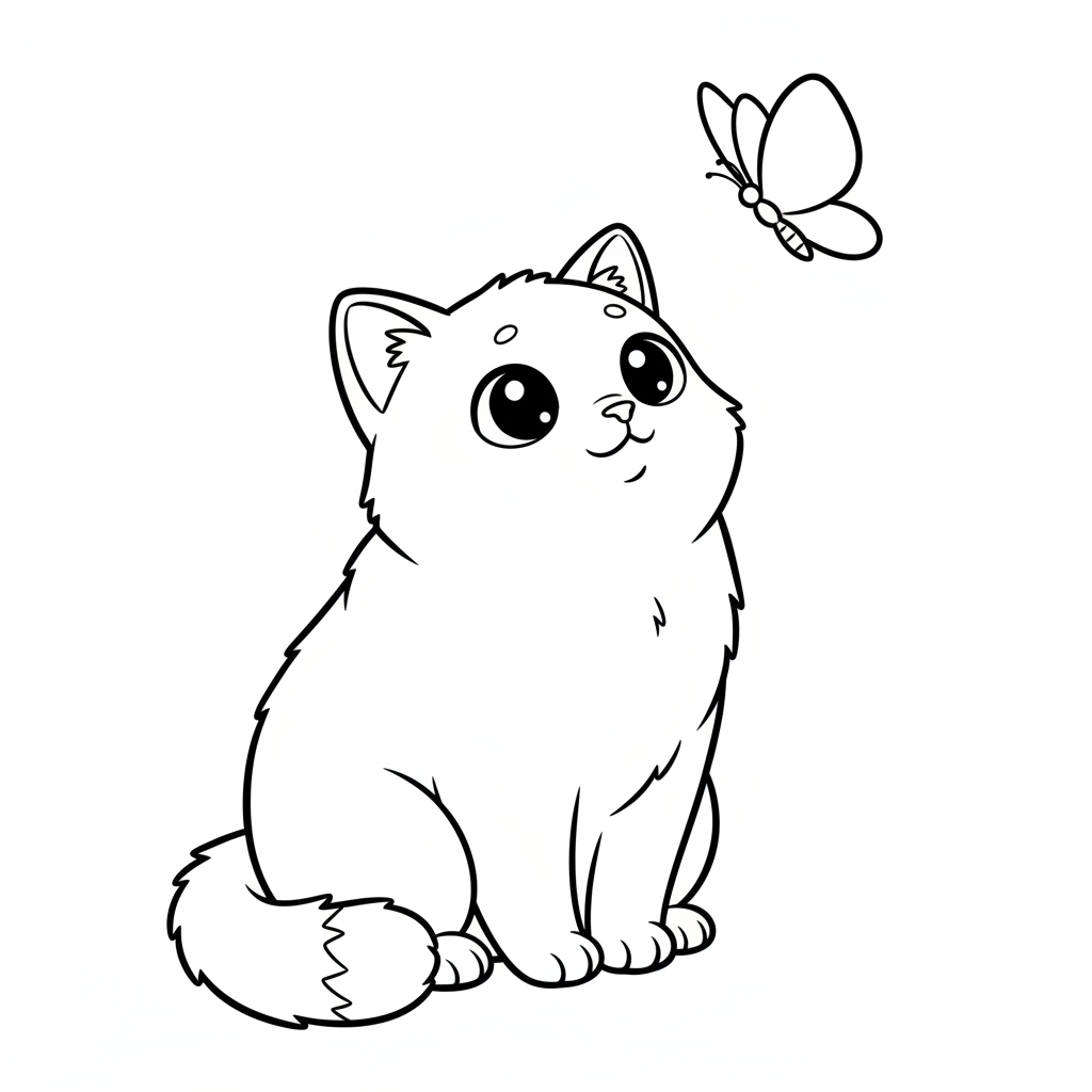 kawaii anime cat sitting looking coloring page