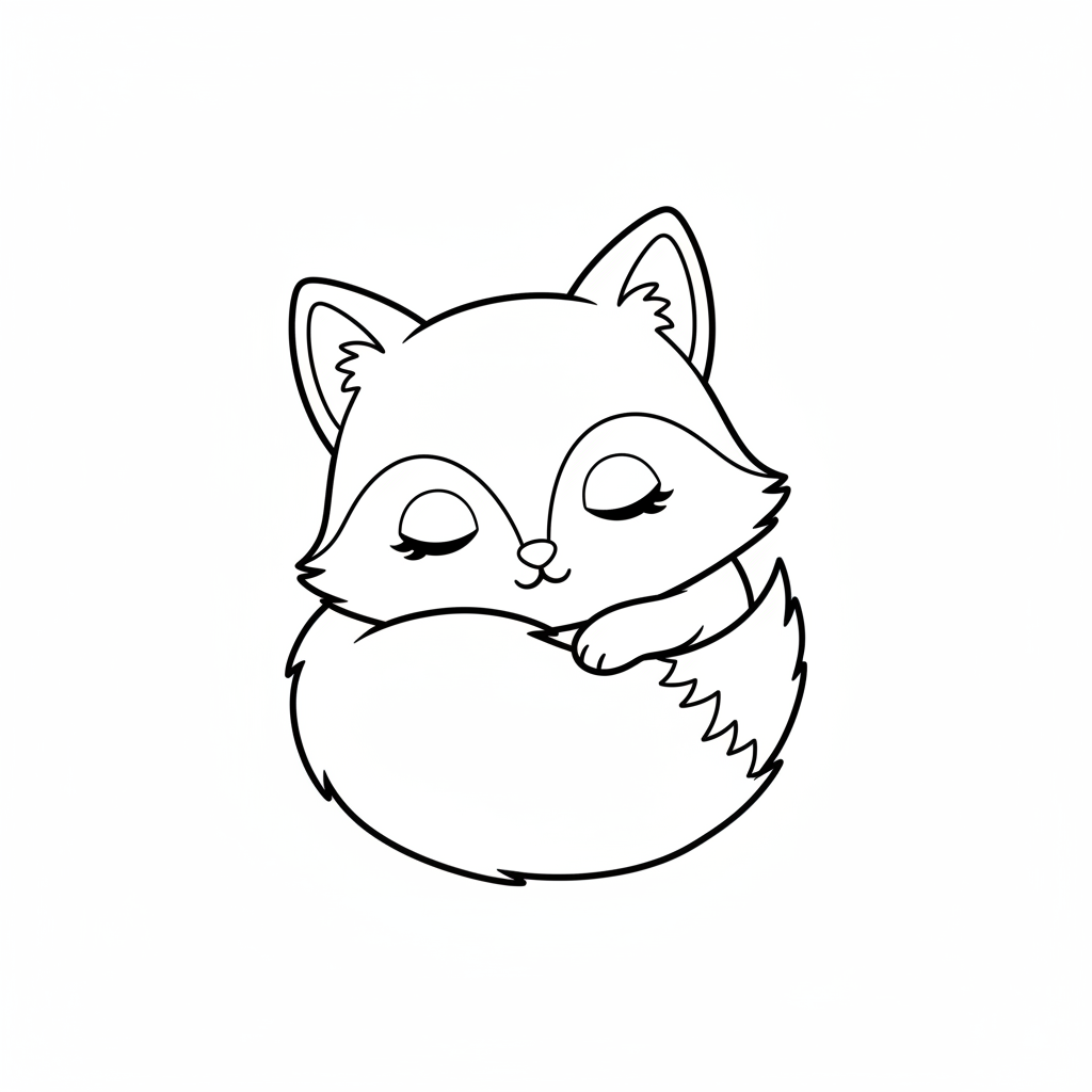 kawaii fox curled up sleeping coloring page