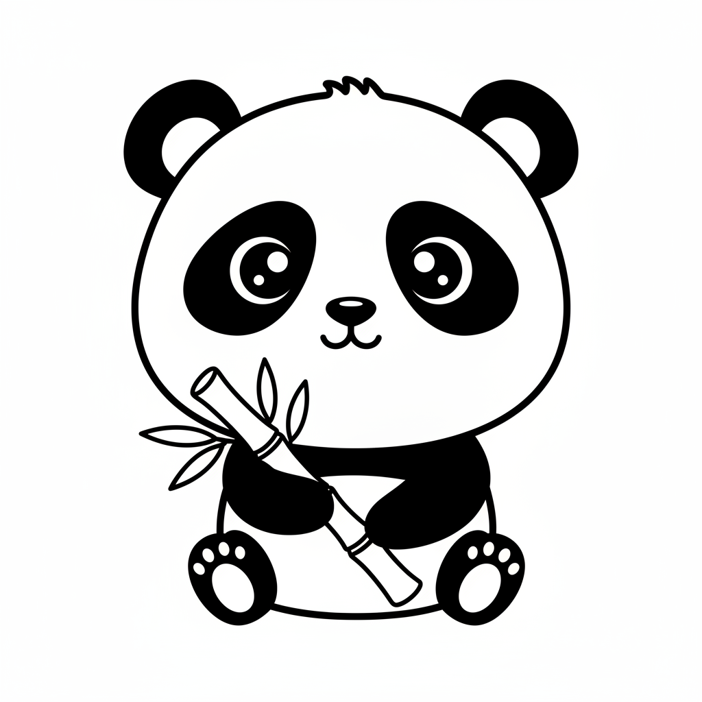 kawaii panda sitting holding bamboo coloring page