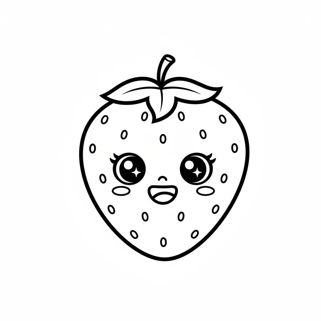 kawaii strawberry with happy smiling coloring page