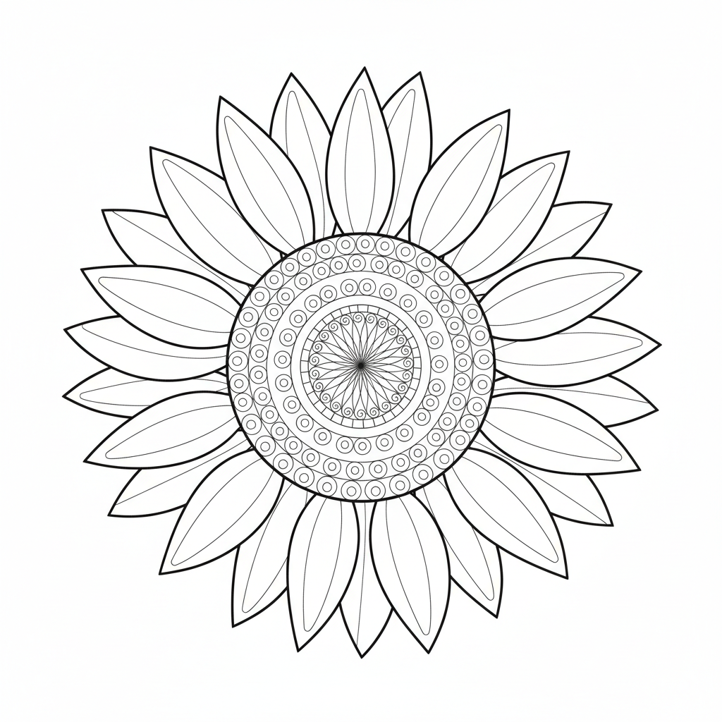 large sunflower viewed from front coloring page