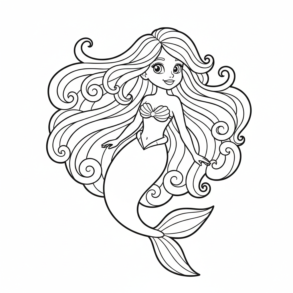 mermaid with long flowing hair coloring page