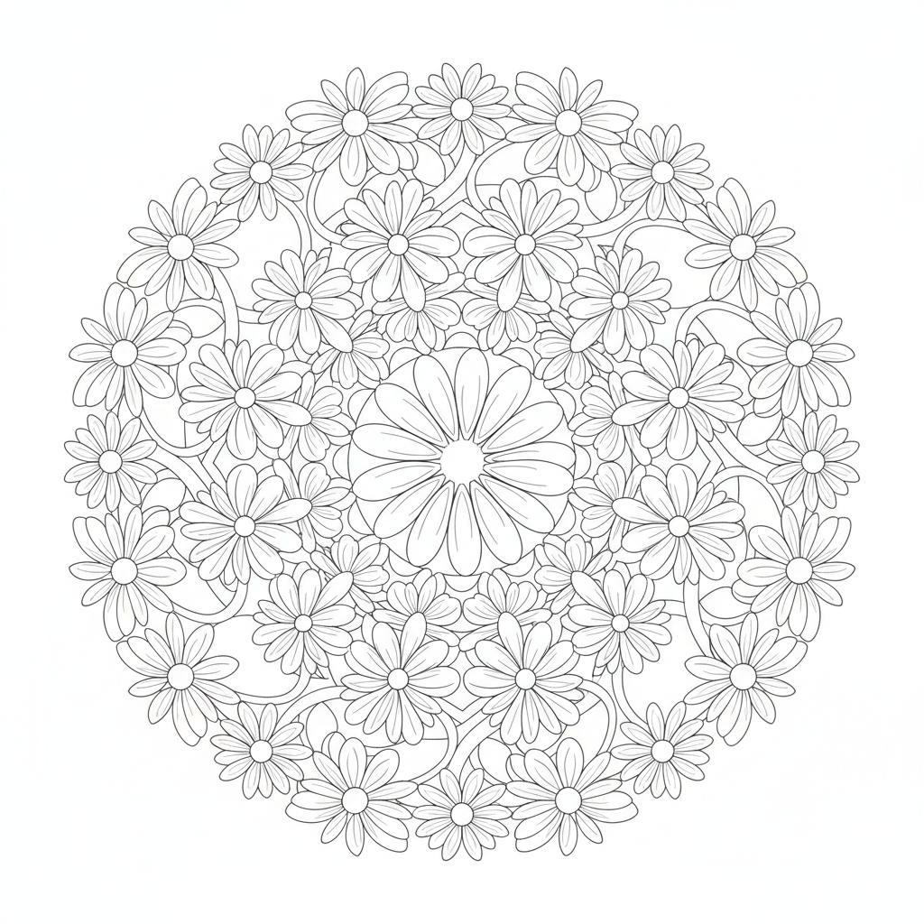 of daisy chain mandala symmetrical coloring page