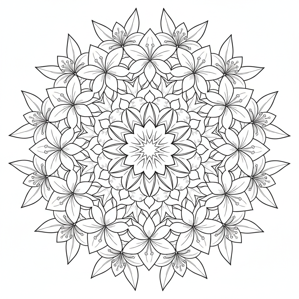 of lily mandala symmetrical radial coloring page