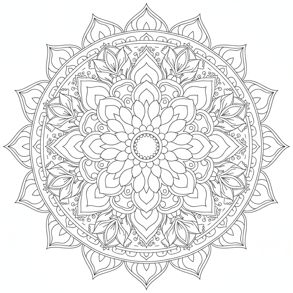 of lotus mandala symmetrical radial coloring page