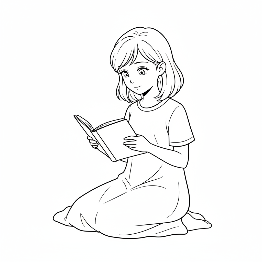 of manga girl sitting holding coloring page