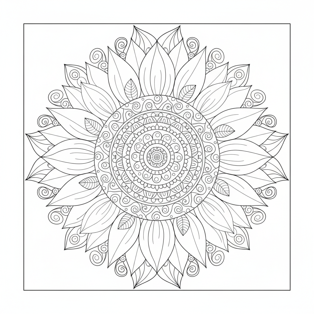 of sunflower mandala symmetrical radial coloring page