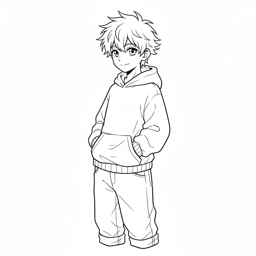 of young anime boy with coloring page