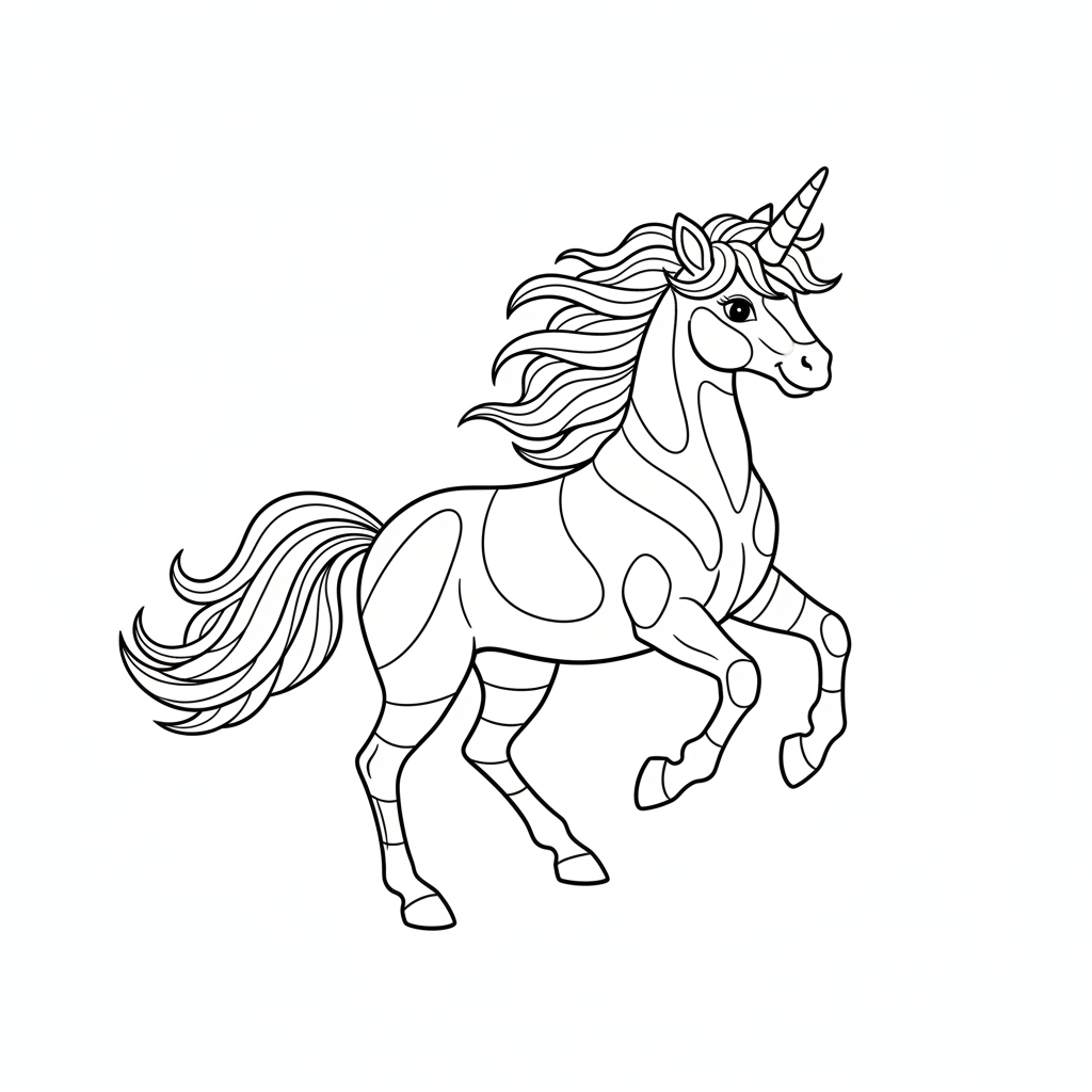 playful unicorn in dynamic pose coloring page
