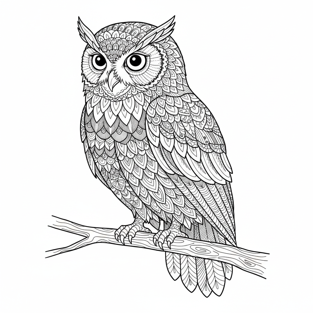 realistic owl in three quarter coloring page