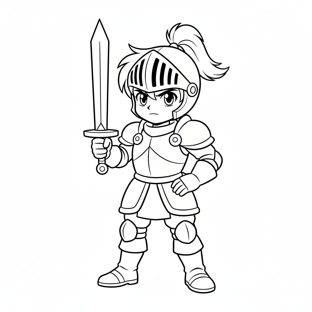 simple anime brave young knight coloring page