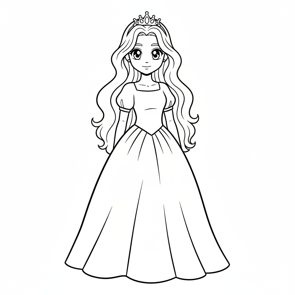 simple anime gentle princess with coloring page