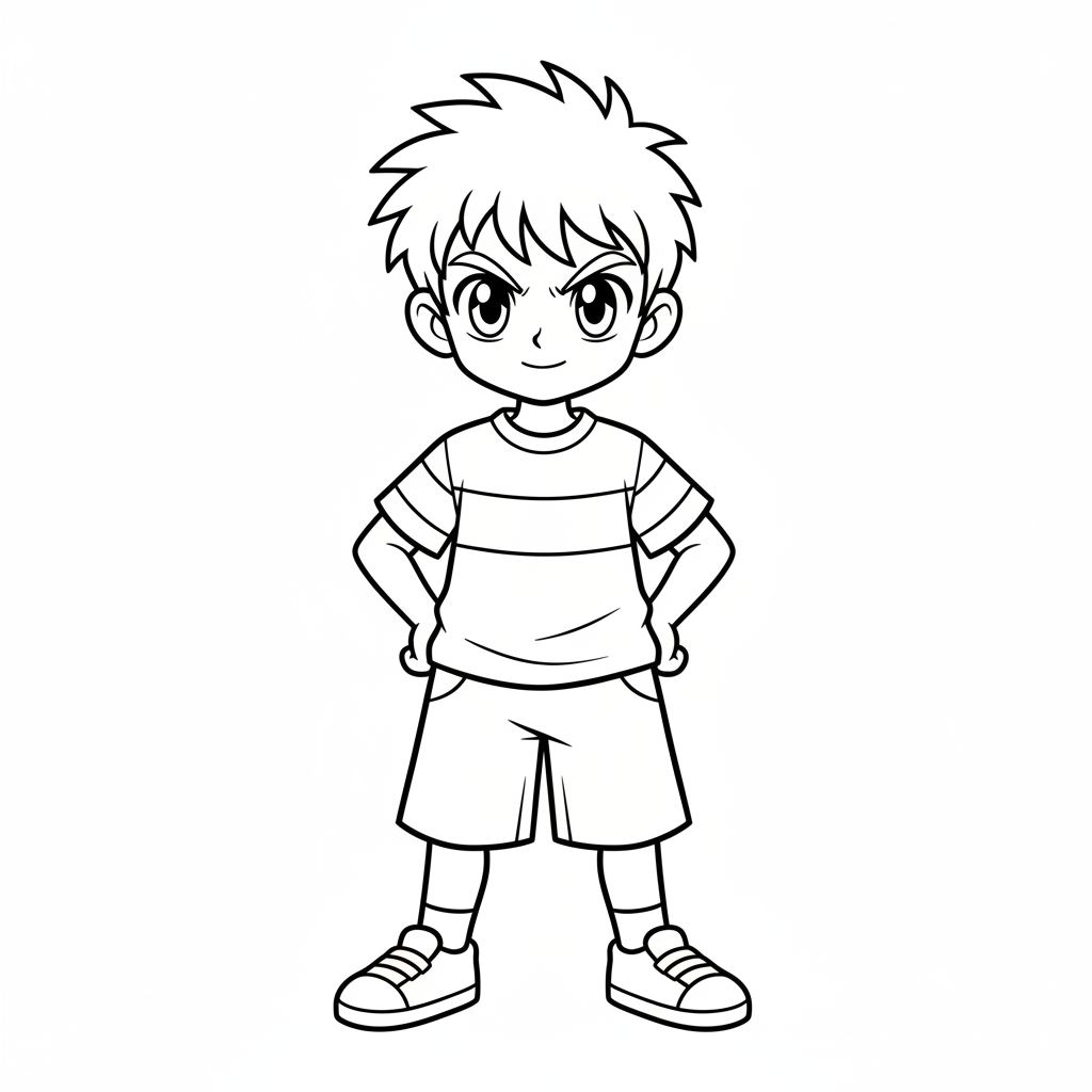 simple anime young boy with coloring page