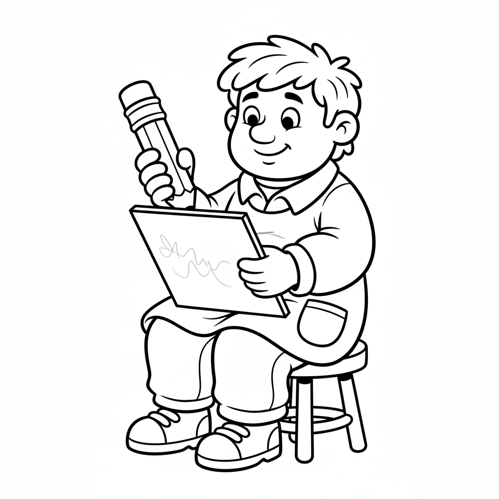 simple artist sits on stool coloring page