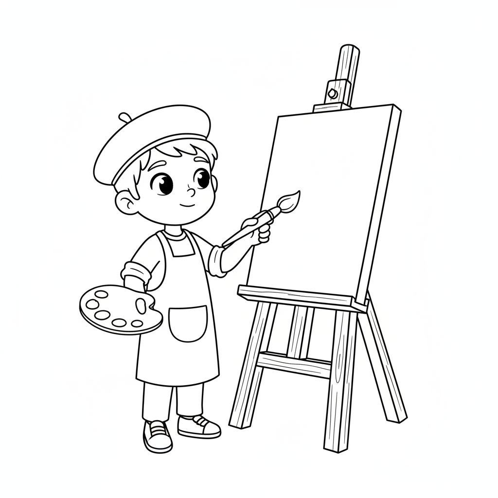 simple artist stands at wooden coloring page
