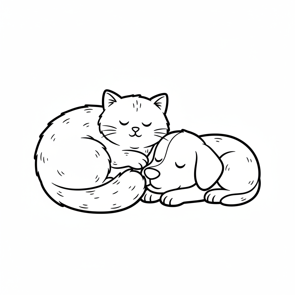 simple cat dog curled up coloring page