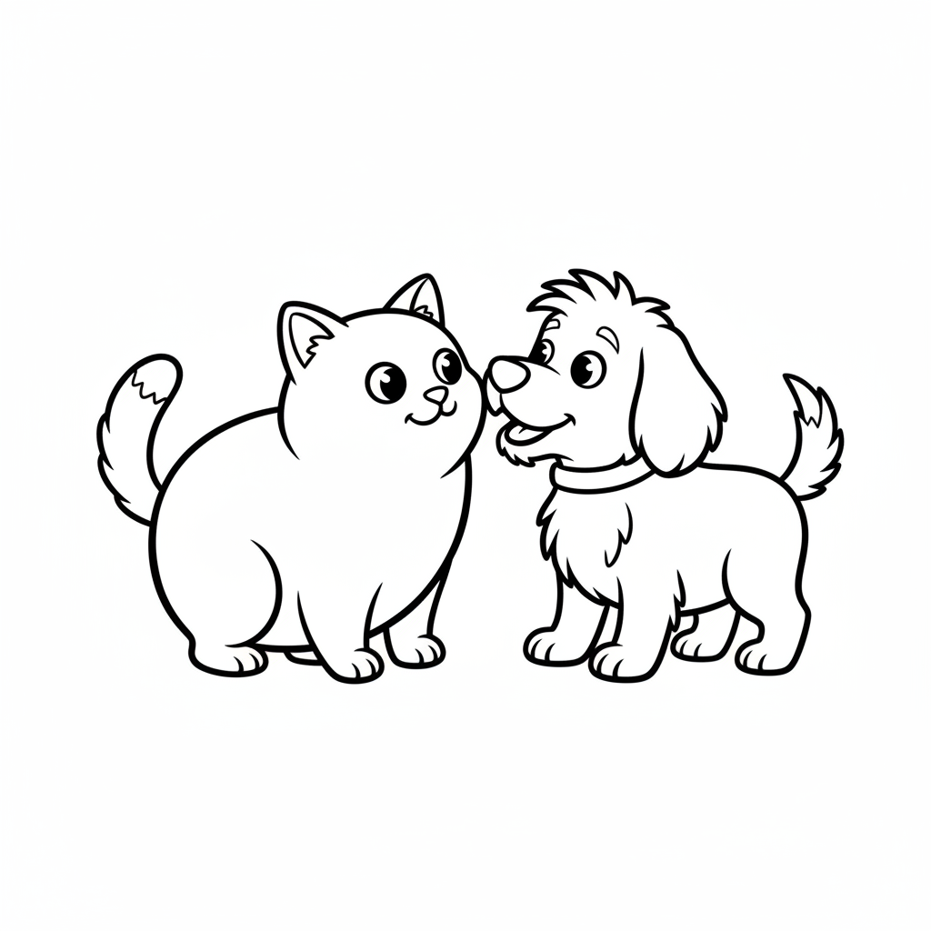 simple cat dog facing each coloring page