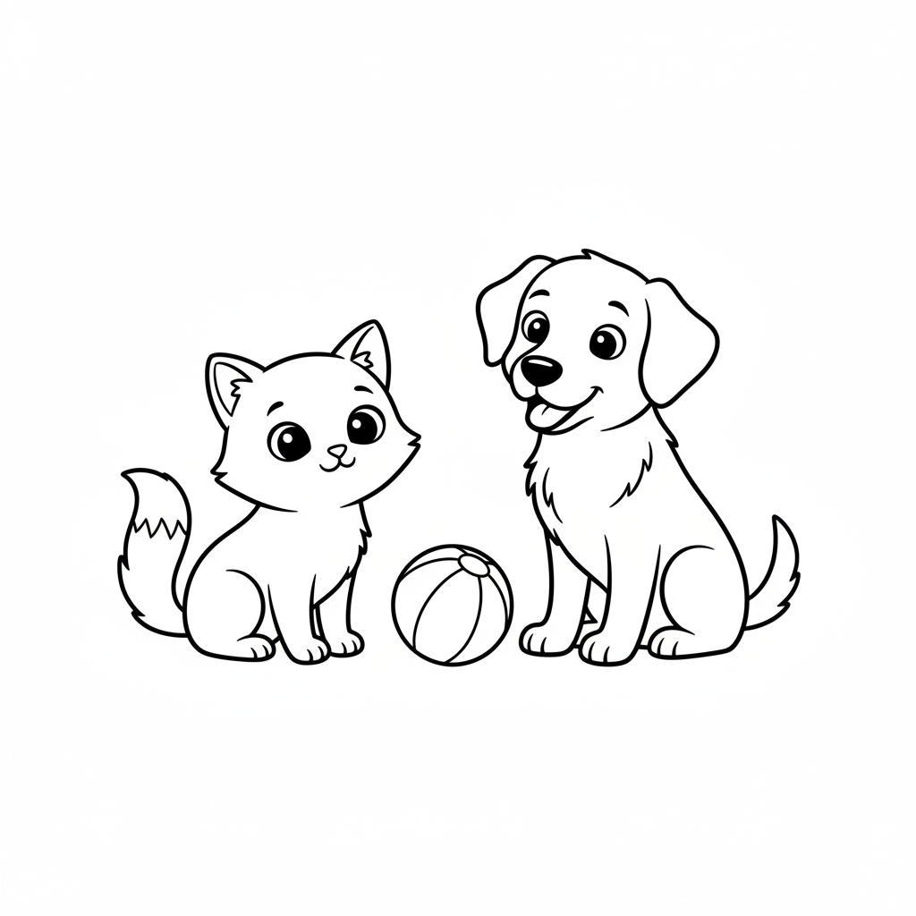simple cat dog looking at coloring page