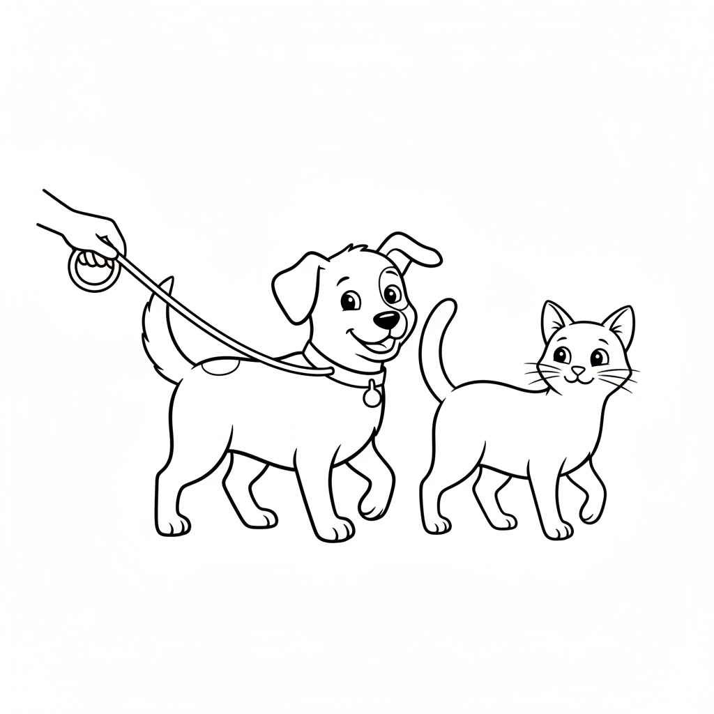 simple cat dog walking side coloring page