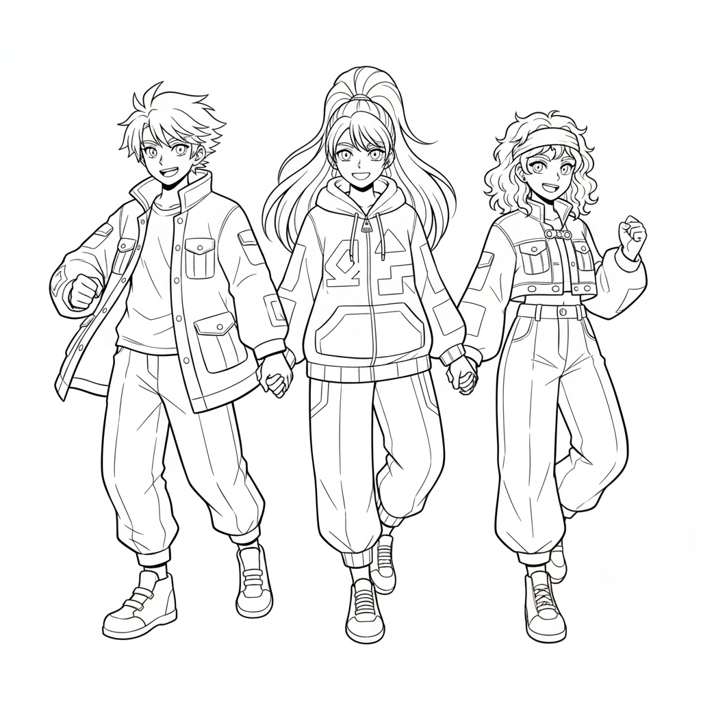 simple clean of three anime coloring page