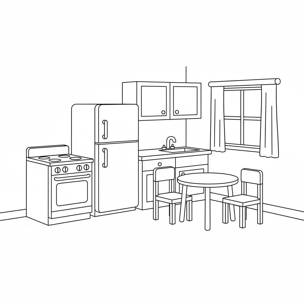 simple dollhouse kitchen interior s coloring page