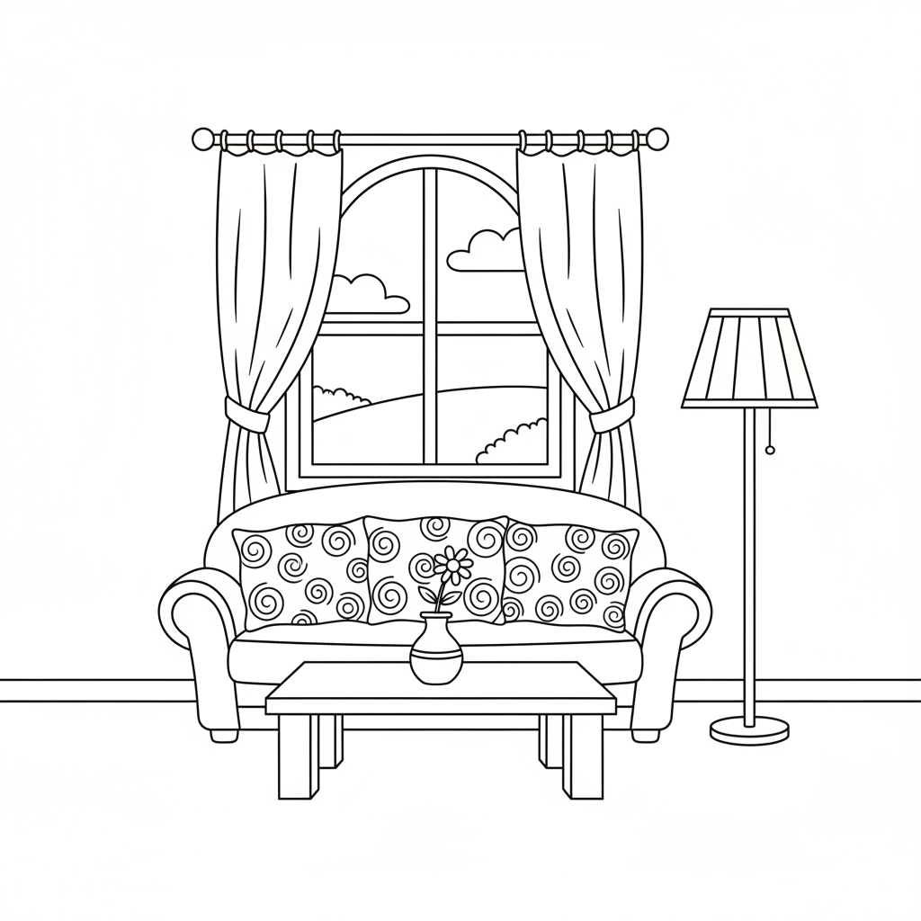 simple dollhouse living room interior coloring page