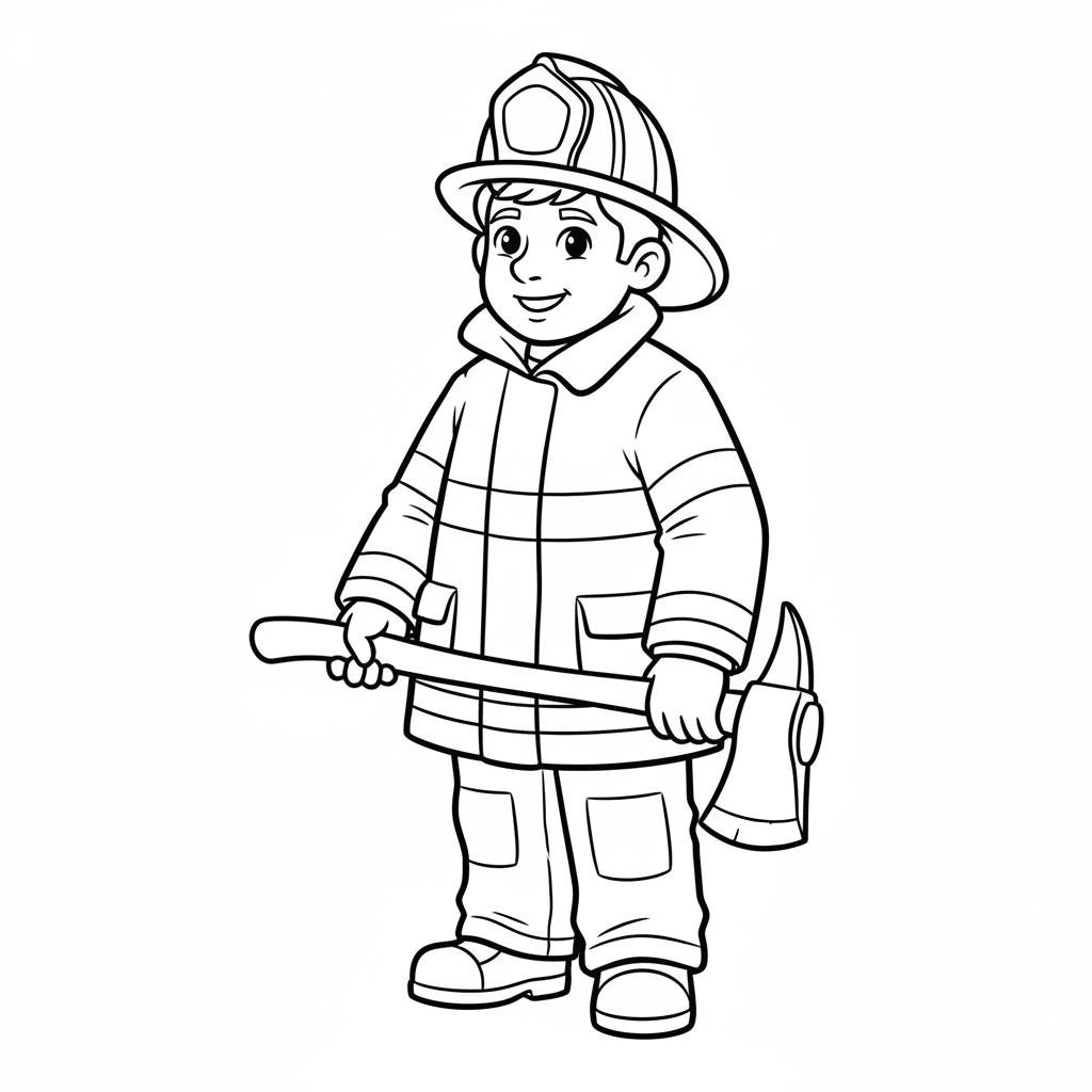 simple firefighter in three quarter coloring page
