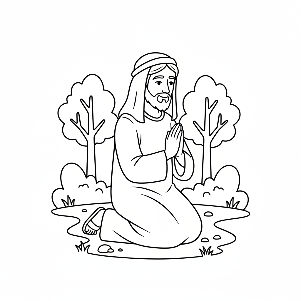 simple jesus is kneeling on coloring page