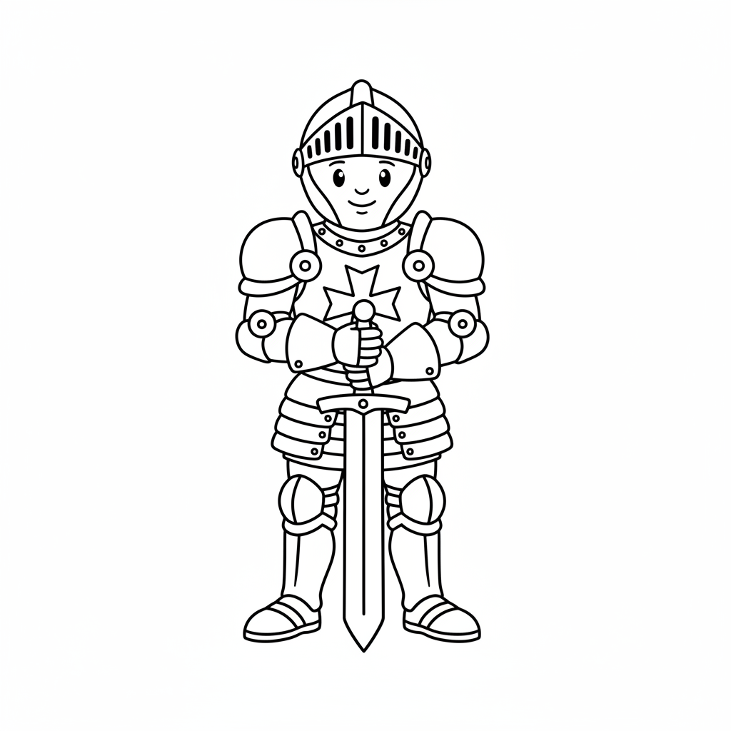 simple knight stands in coloring page