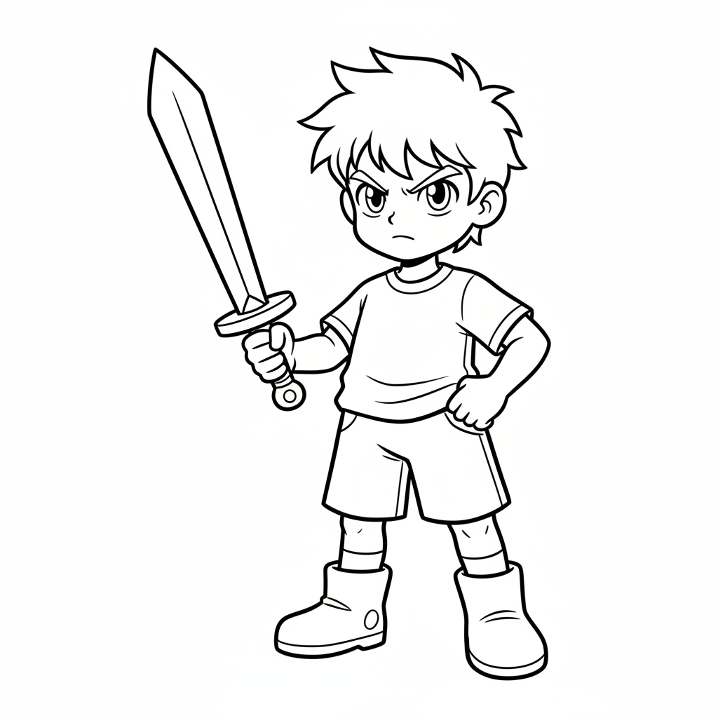 simple manga young boy with coloring page