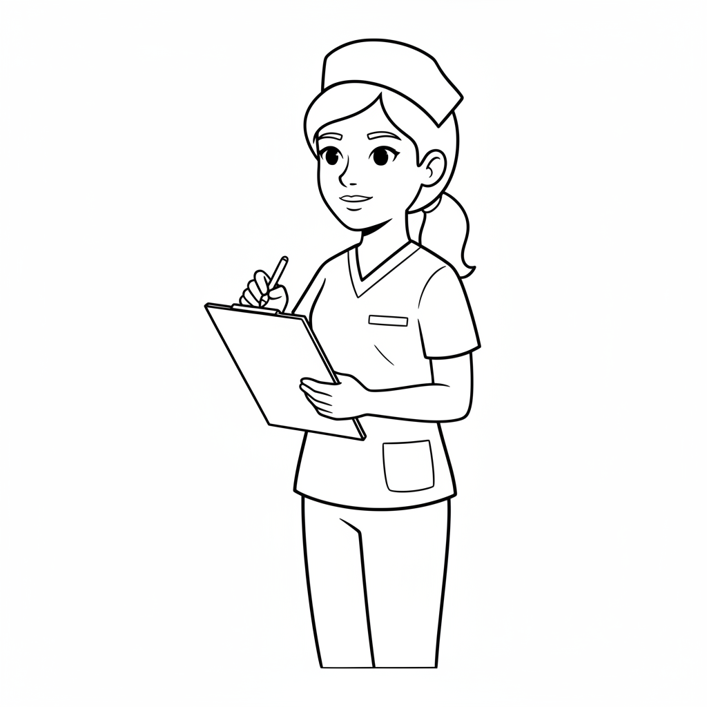 simple nurse holding clipboard in coloring page