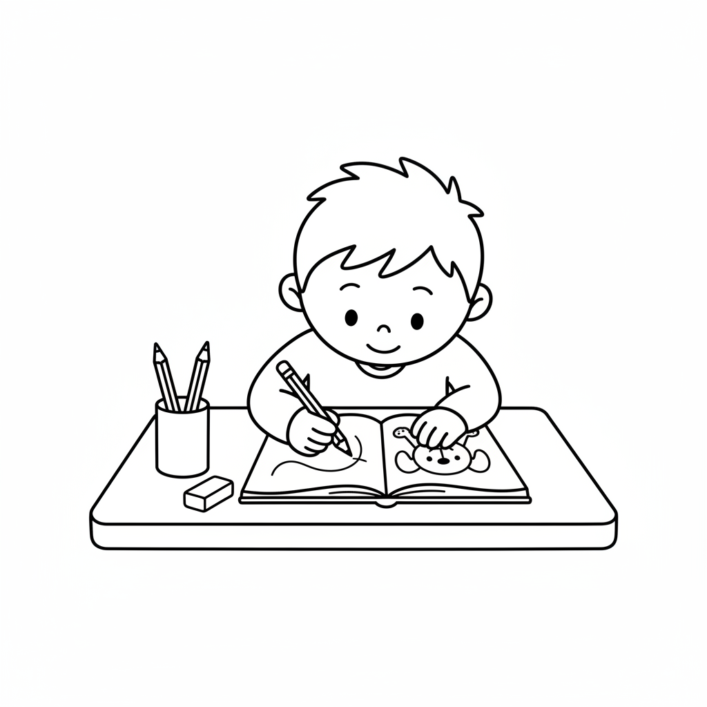 simple person sits at desk coloring page