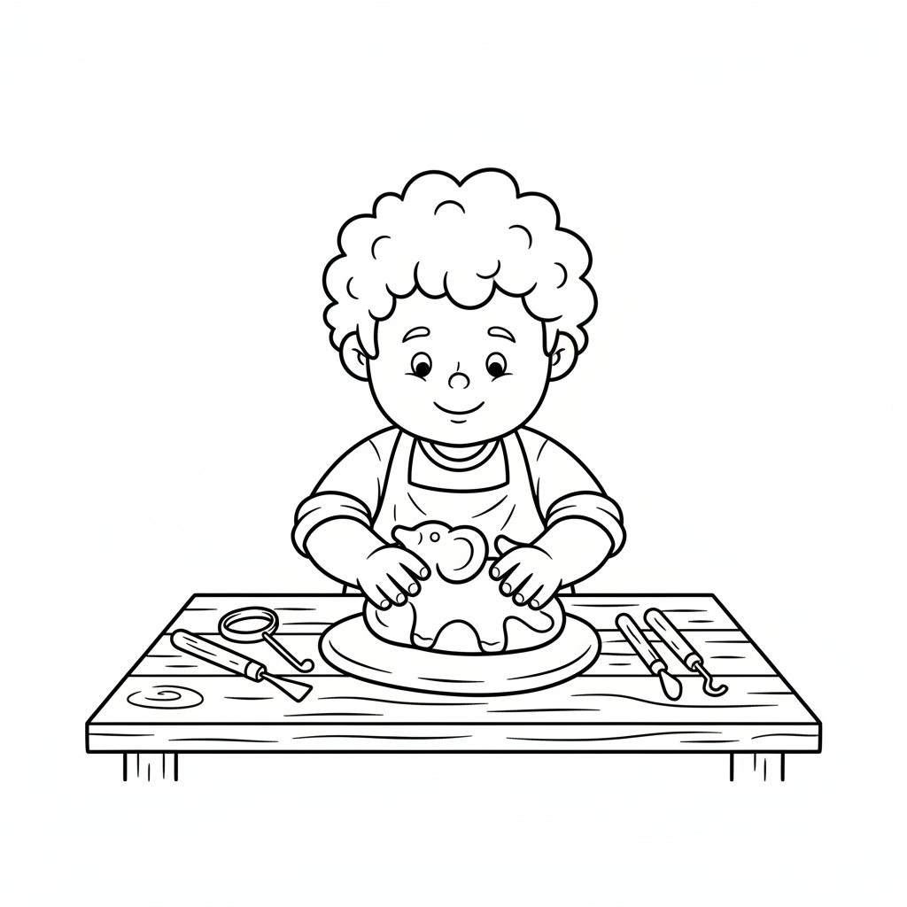 simple person sits at table coloring page