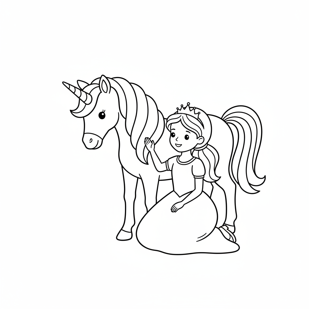 simple princess kneels on ground coloring page
