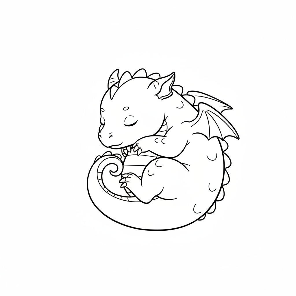 single baby dragon curled up coloring page