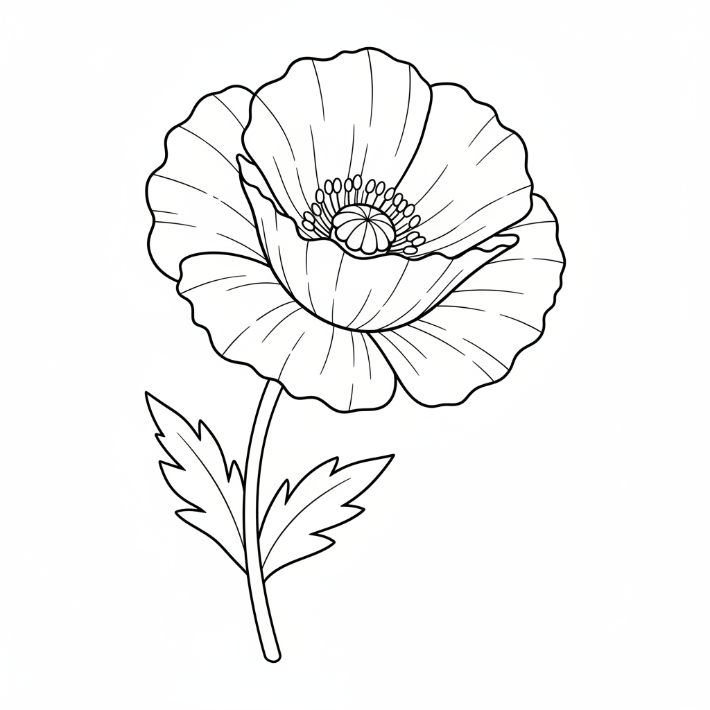 single beautiful poppy flower with coloring page