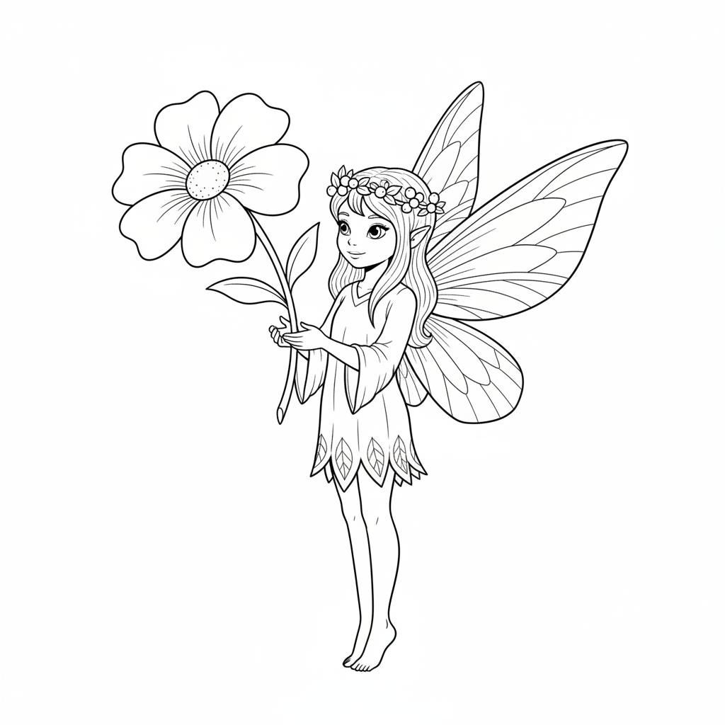 single fairy character holding one coloring page