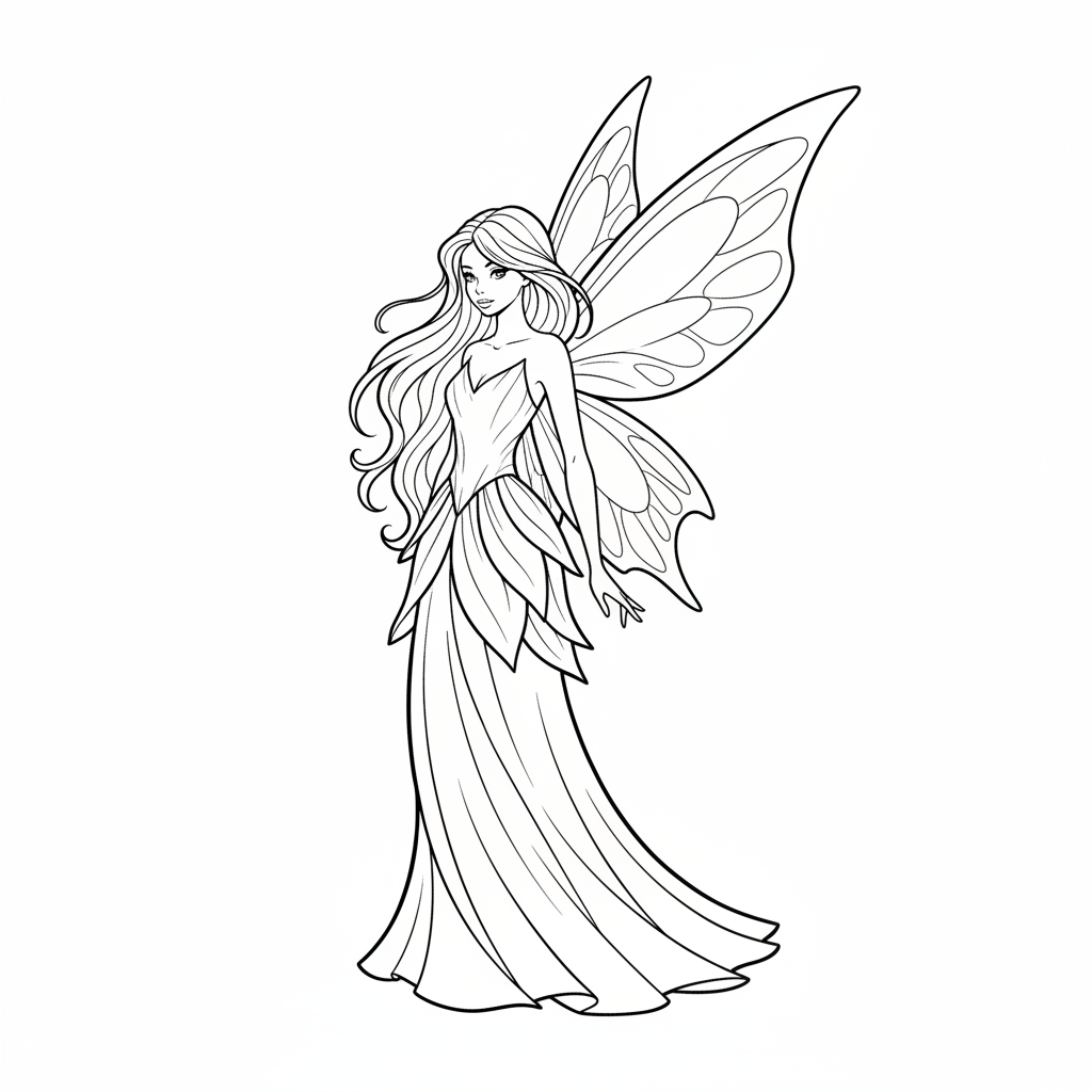 single fairy character with long coloring page