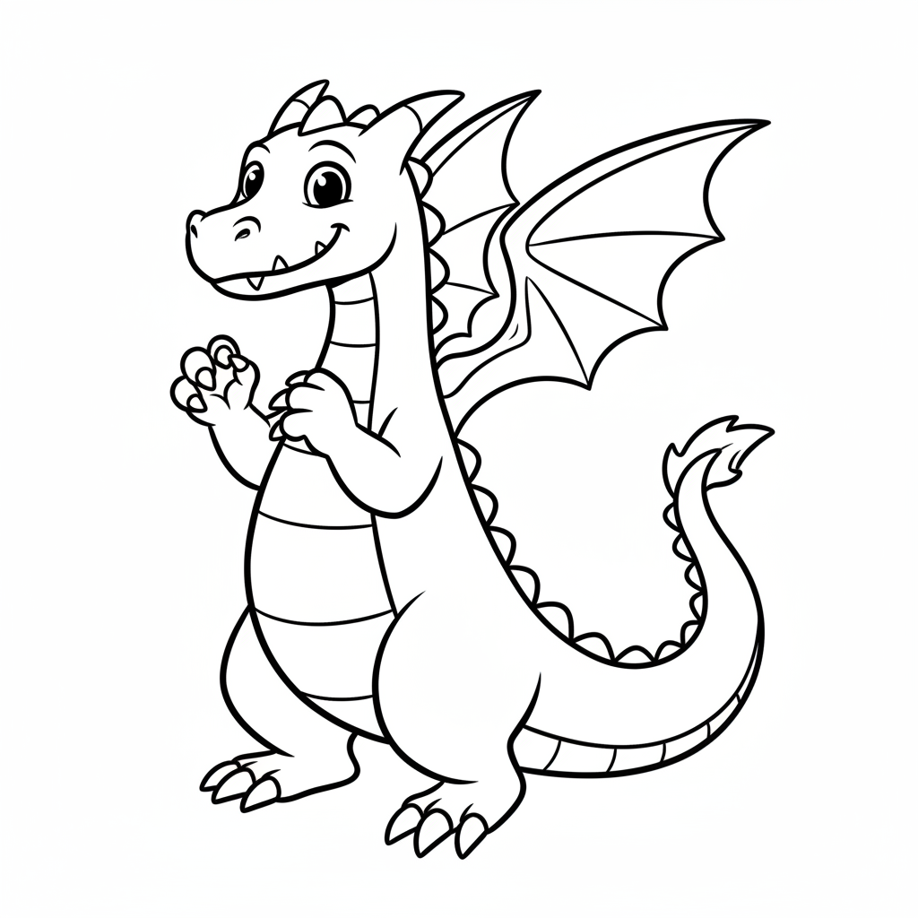 single playful dragon standing upright coloring page