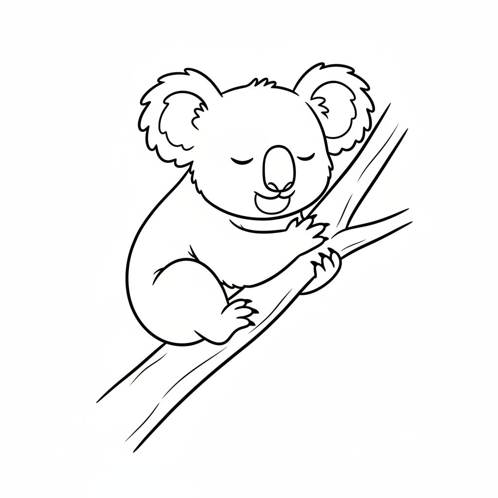 sleepy koala clinging simple branch coloring page