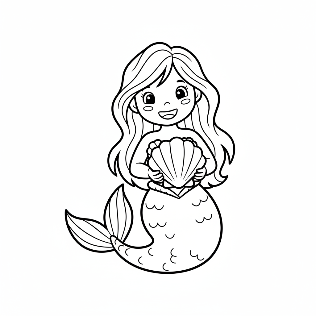 smiling mermaid holding large simple coloring page