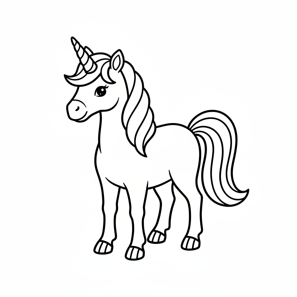 standing unicorn in three quarter coloring page