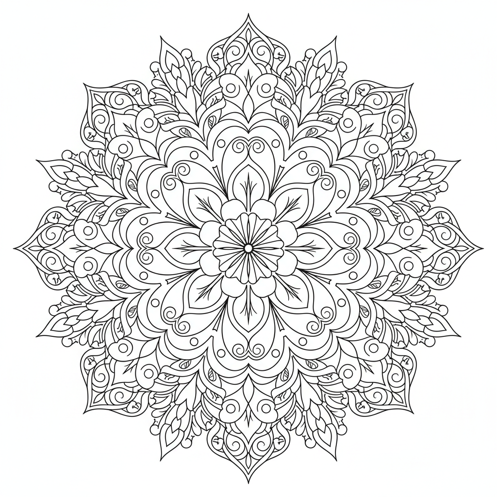 symmetrical floral mandala is built coloring page