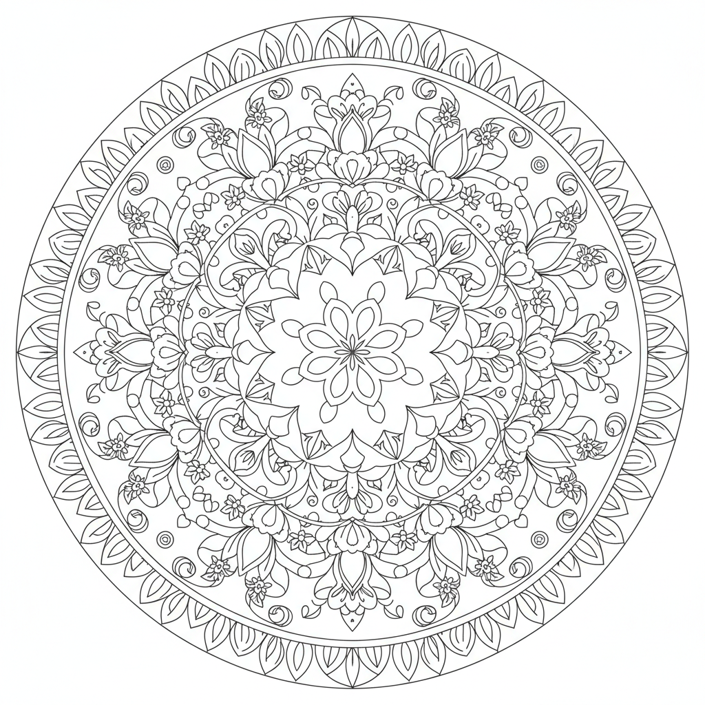 symmetrical floral mandala is built coloring page