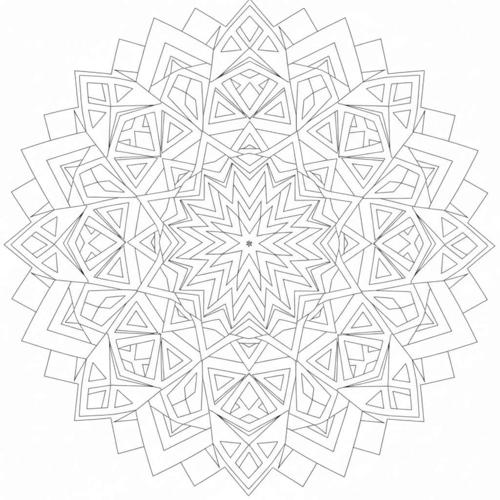symmetrical geometric mandala features interlocking coloring page